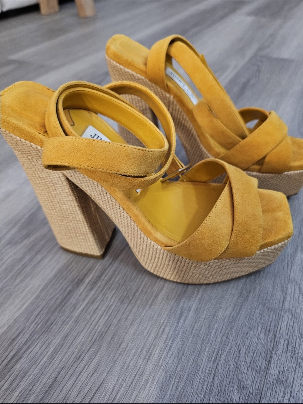 Jimmy Choo Mustard Suede Platform Block Heel Sandals - Picture 2 of 10